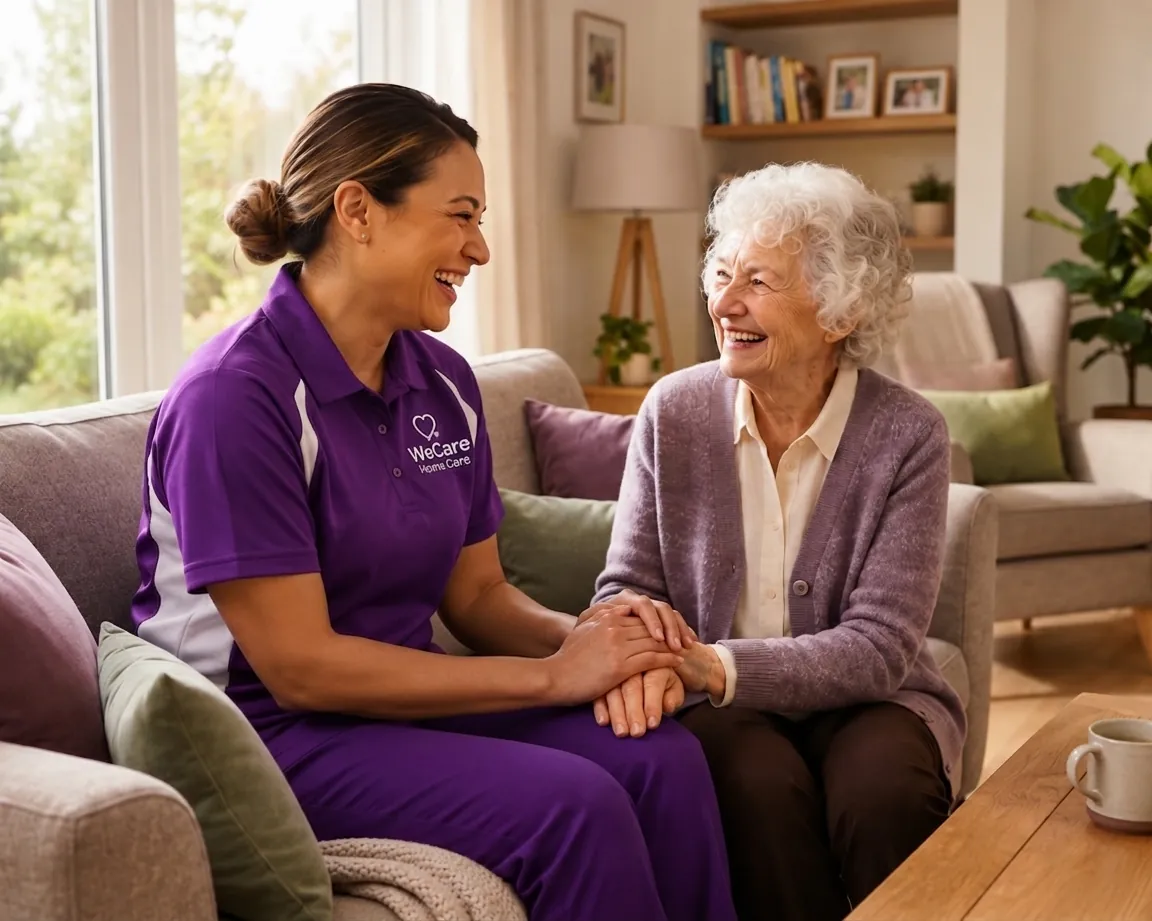 Young caregiver holding hands with an elderly woman, smiling