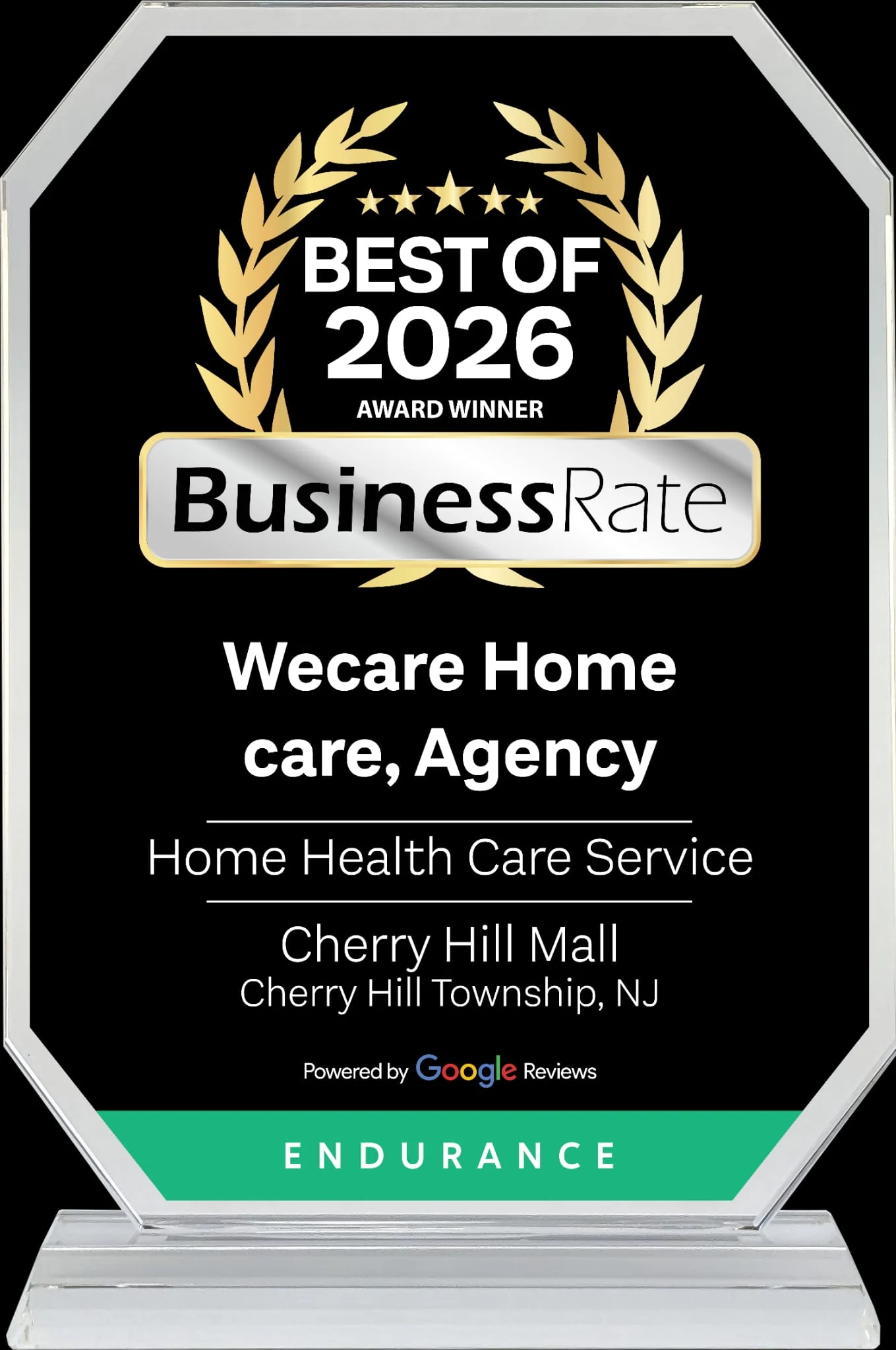 2026 BusinessRate Best of Award acrylic recognition plaque awarded to WeCare Home Care, Agency for Home Health Care Service in Cherry Hill Township, NJ